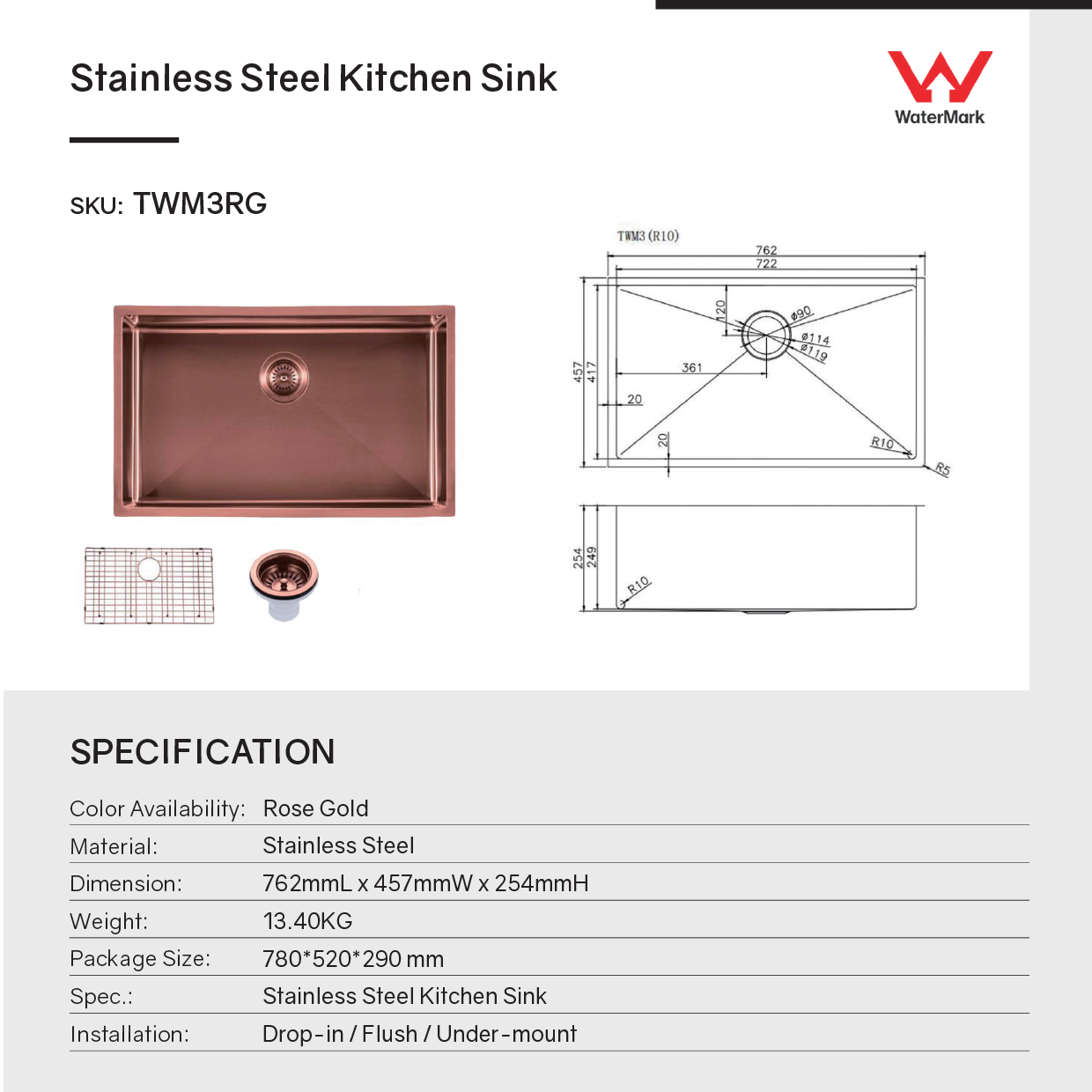 Stainless Steel PVD Coating Single Bowl Kitchen Sink(with Bottom Grid) 762*457*254mm - Copper