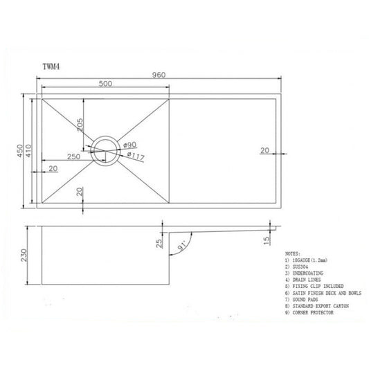 Stainless Steel Round Corner Handmade Single Bowl Kitchen Sink with Drain Board 960*450*230mm- Chrome Silver