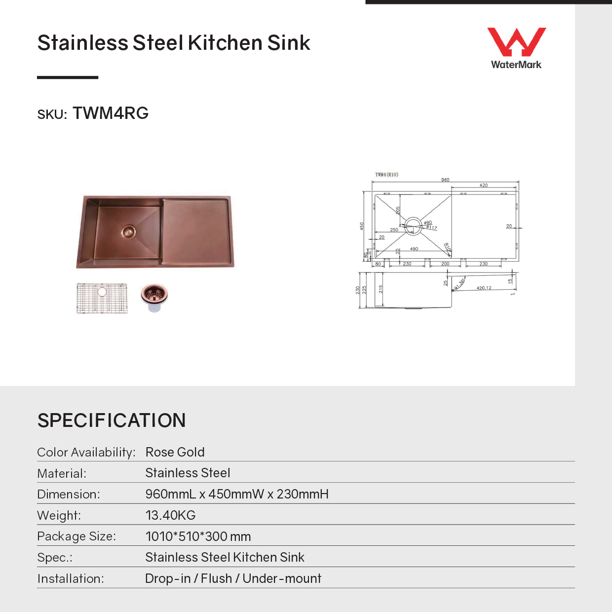 Stainless Steel PVD Single Bowl Kitchen Sink with Drain Board and Bottom Grid 960*450*230mm- Copper