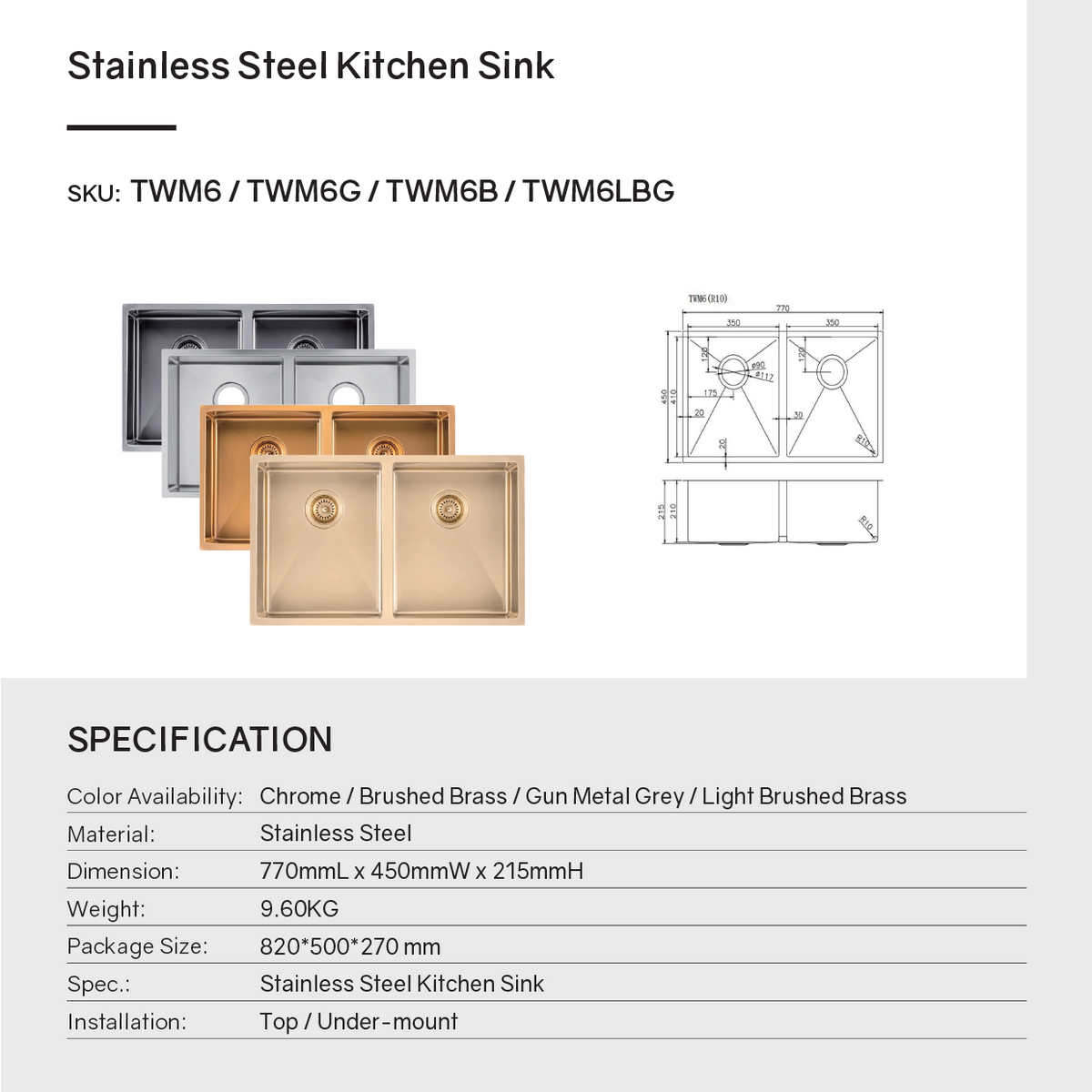 Stainless Steel PVD Double Bowl Kitchen Sink with Bottom Grid 770x450mm - Light Brushed Brass