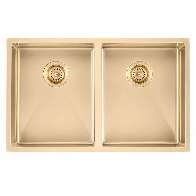 Stainless Steel PVD Double Bowl Kitchen Sink with Bottom Grid 770x450mm - Light Brushed Brass
