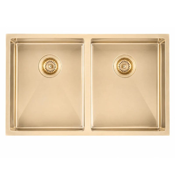Stainless Steel PVD Double Bowl Kitchen Sink with Bottom Grid 770x450mm - Light Brushed Brass