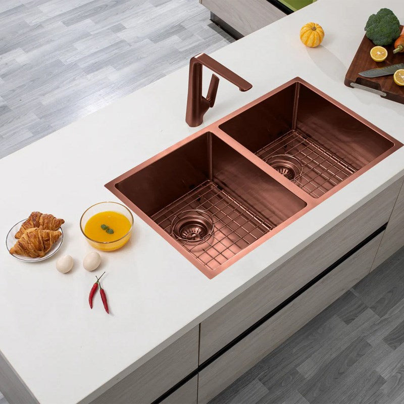 Stainless Steel PVD Double Bowl Kitchen Sink with Bottom Grid 770x450x215mm - Copper