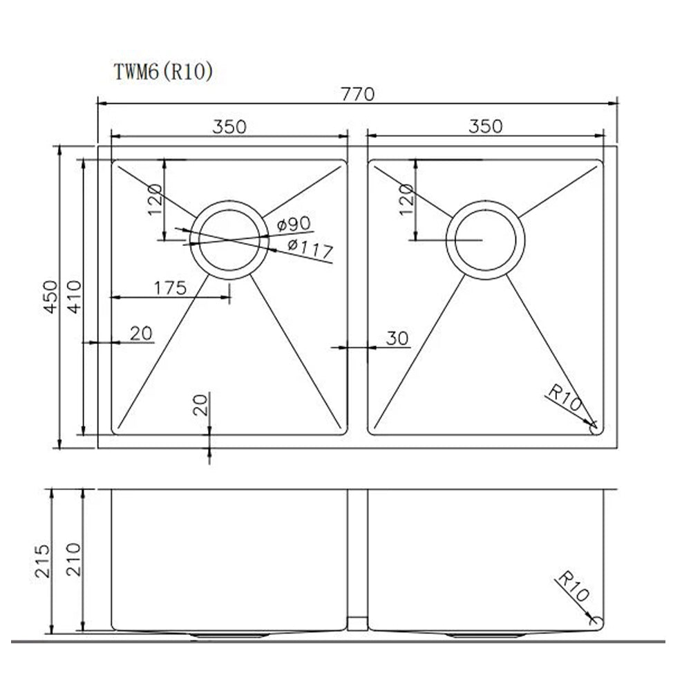 Stainless Steel PVD Double Bowl Kitchen Sink with Bottom Grid 770x450x215mm - Copper