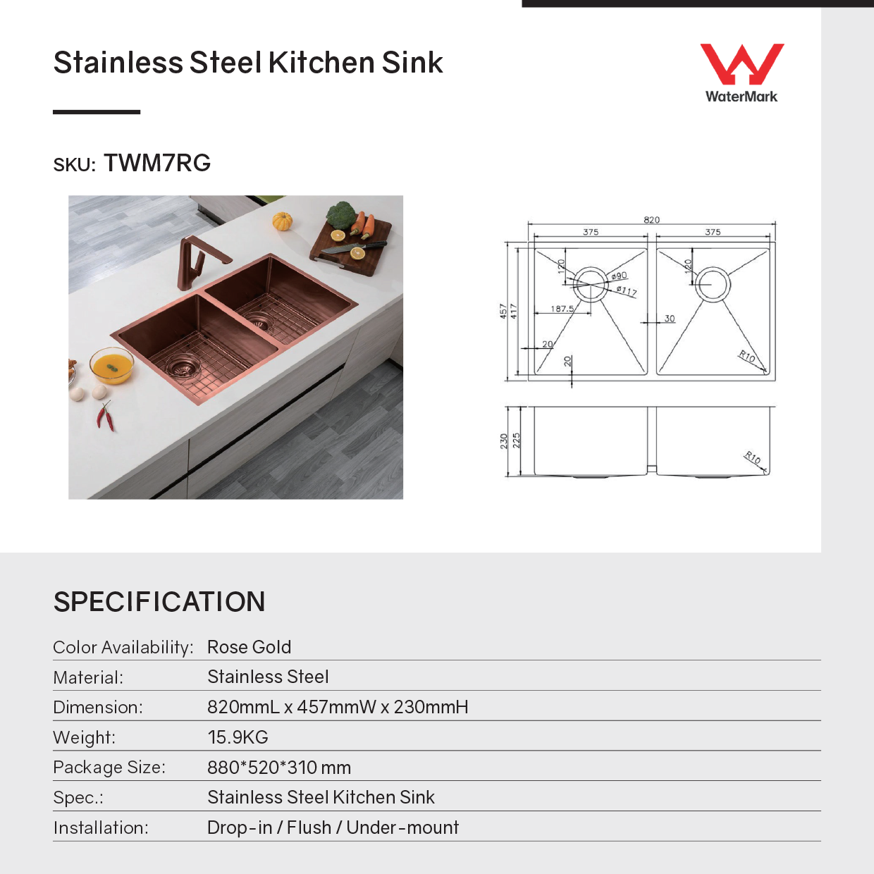 Stainless Steel PVD Double Bowl Kitchen Sink 820x457x230mm- Copper