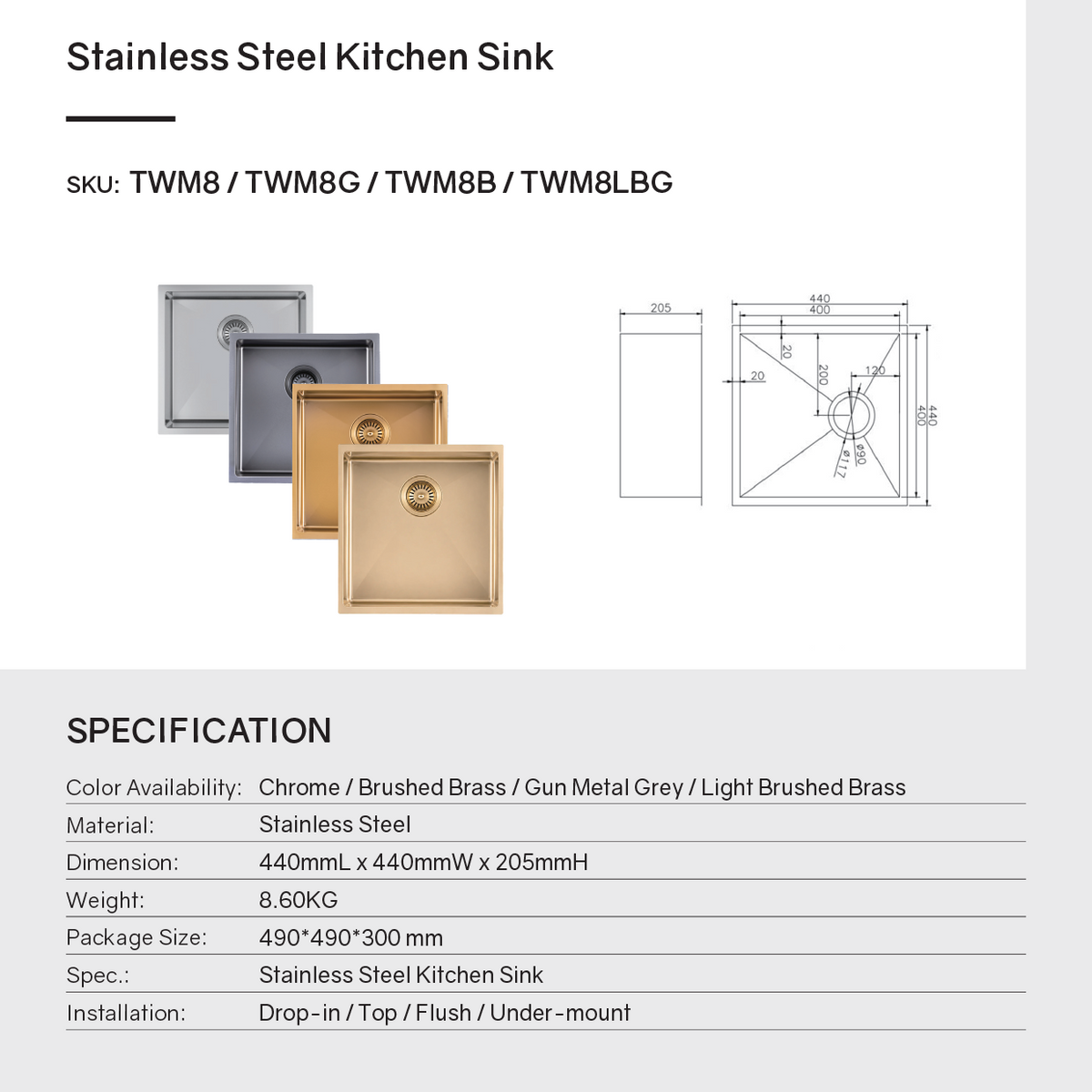 Stainless Steel PVD Single Bowl Kitchen Sink with Bottom Grid 440x440mm - Light Brushed Brass