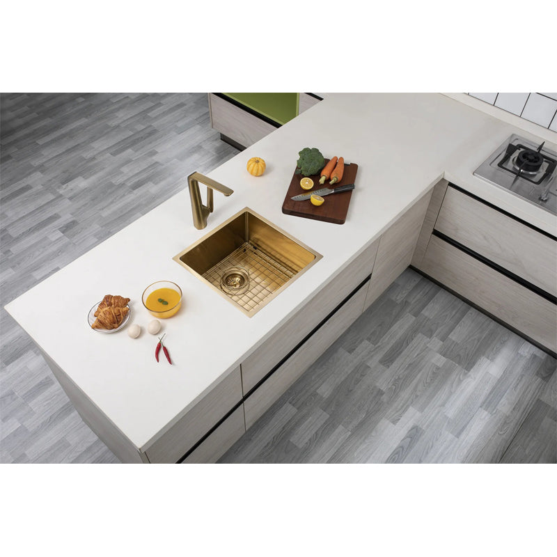 Stainless Steel PVD Single Bowl Kitchen Sink with Bottom Grid 440x440mm - Light Brushed Brass