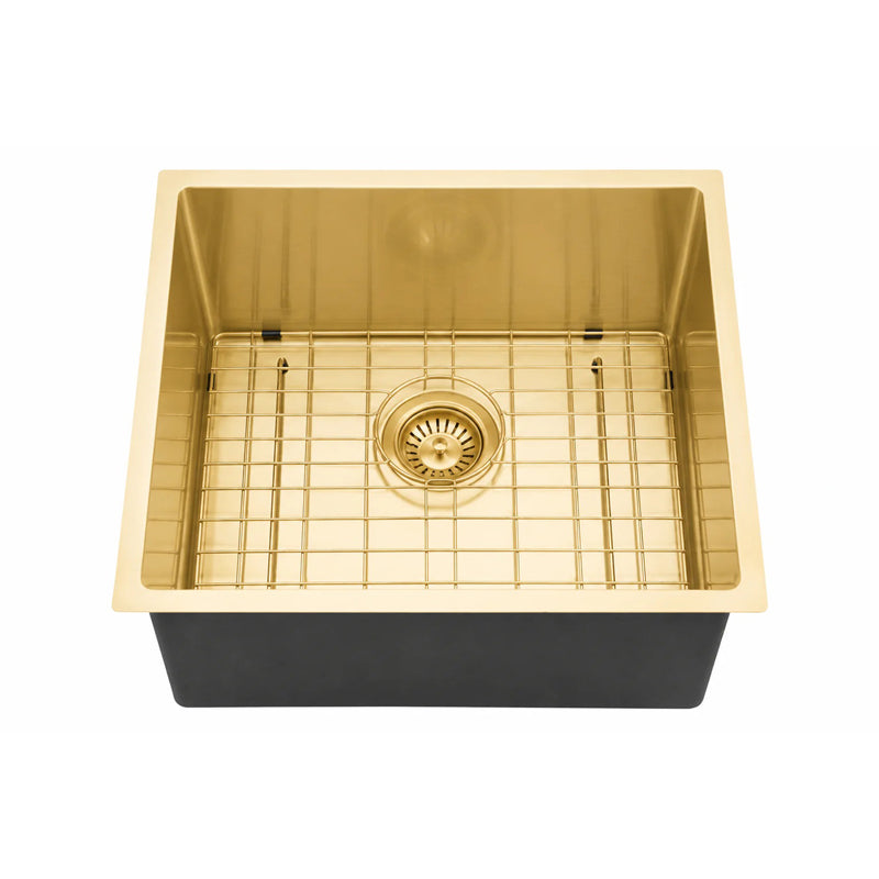 Stainless Steel PVD Single Bowl Kitchen Sink with Bottom Grid 440x440mm - Light Brushed Brass