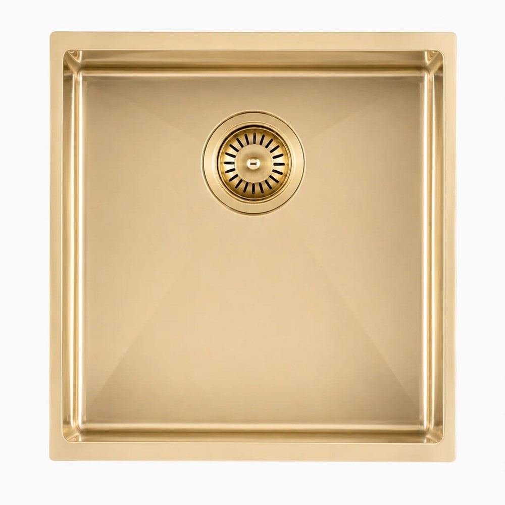 Stainless Steel PVD Single Bowl Kitchen Sink with Bottom Grid 440x440mm - Light Brushed Brass