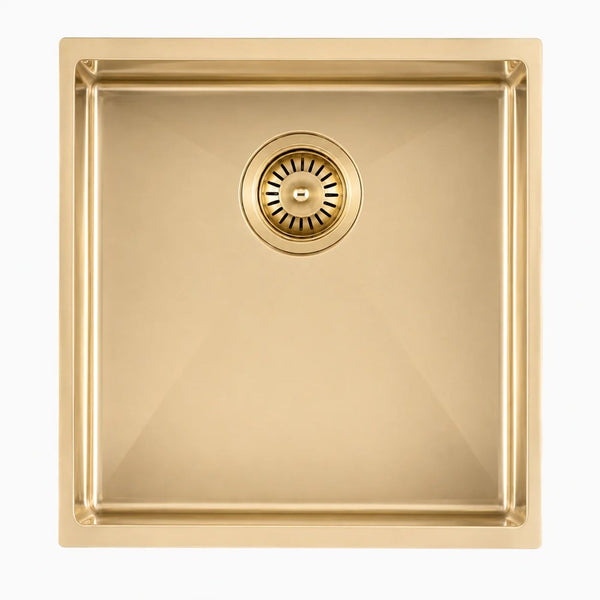 Stainless Steel PVD Single Bowl Kitchen Sink with Bottom Grid 440x440mm - Light Brushed Brass
