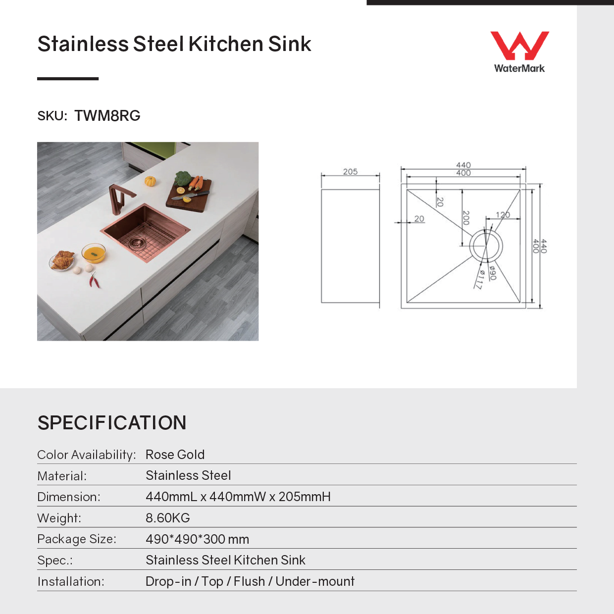 Stainless Steel PVD Single Bowl Kitchen Sink with Bottom Grid 440x440x205mm - Copper