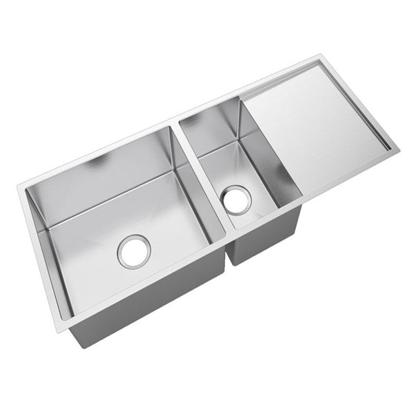 Stainless Steel Round Corner Handmade 1 1/2 Bowl Kitchen Sink with Drain Board 1160x460x230mm- Chrome Silver