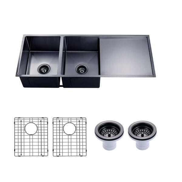 Stainless Steel Handmade Double Bowl Kitchen Sink with Drainboard 1160x460mm - Gunmetal
