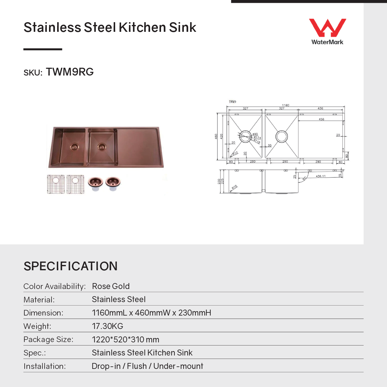 Stainless Steel PVD Double Bowl Kitchen Sink with Drain Board with Bottom Grid 1160*460*230mm- Copper