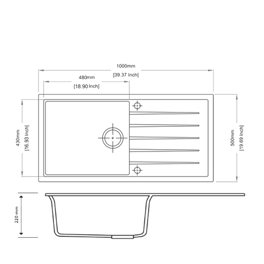 Carysil Granite Stone Single Bowl Kitchen Sink with Draining Board 1000x500mm - White