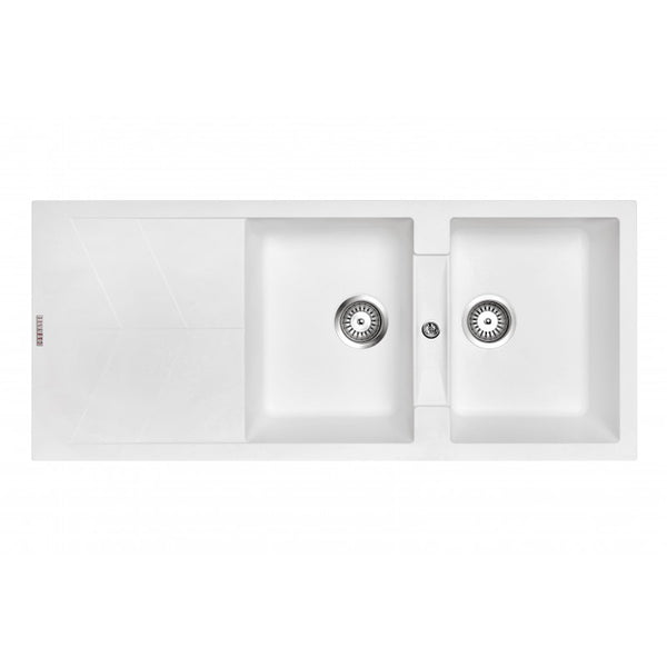 Carysil Granite Stone Double Bowl Kitchen Sink with Draining Board 1150x500mm - White