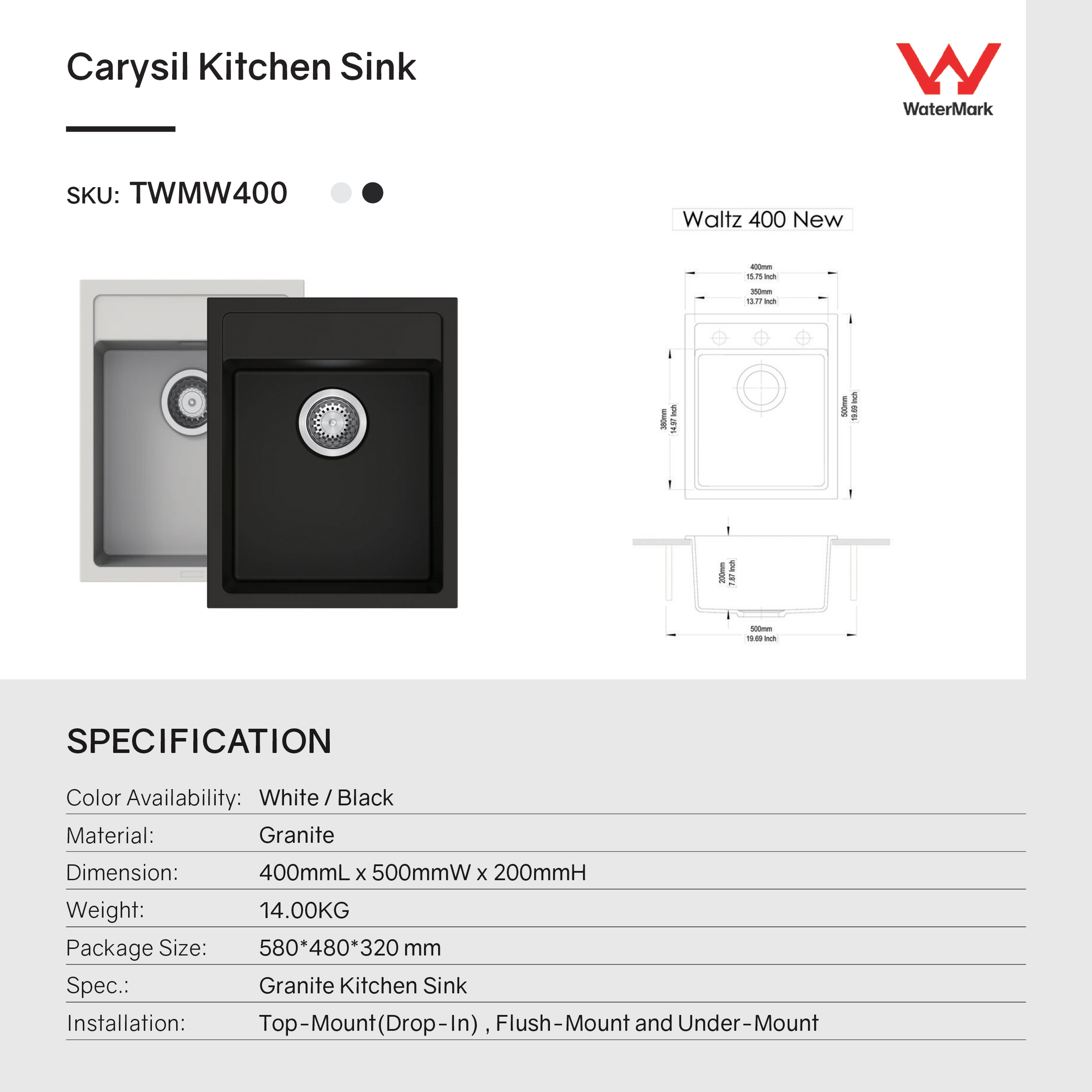 Carysil Granite Single Bowl Kitchen Sink Waltz 400 - Black