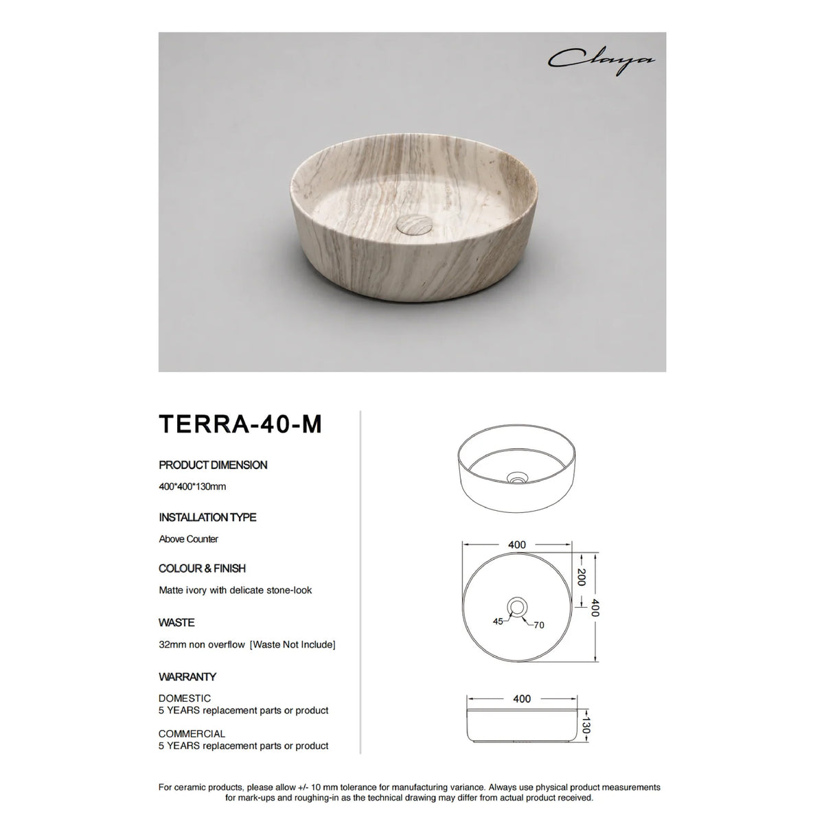 CLAYA Terra-40-M Ceramic Above Counter Basin – Matte Stone Marble