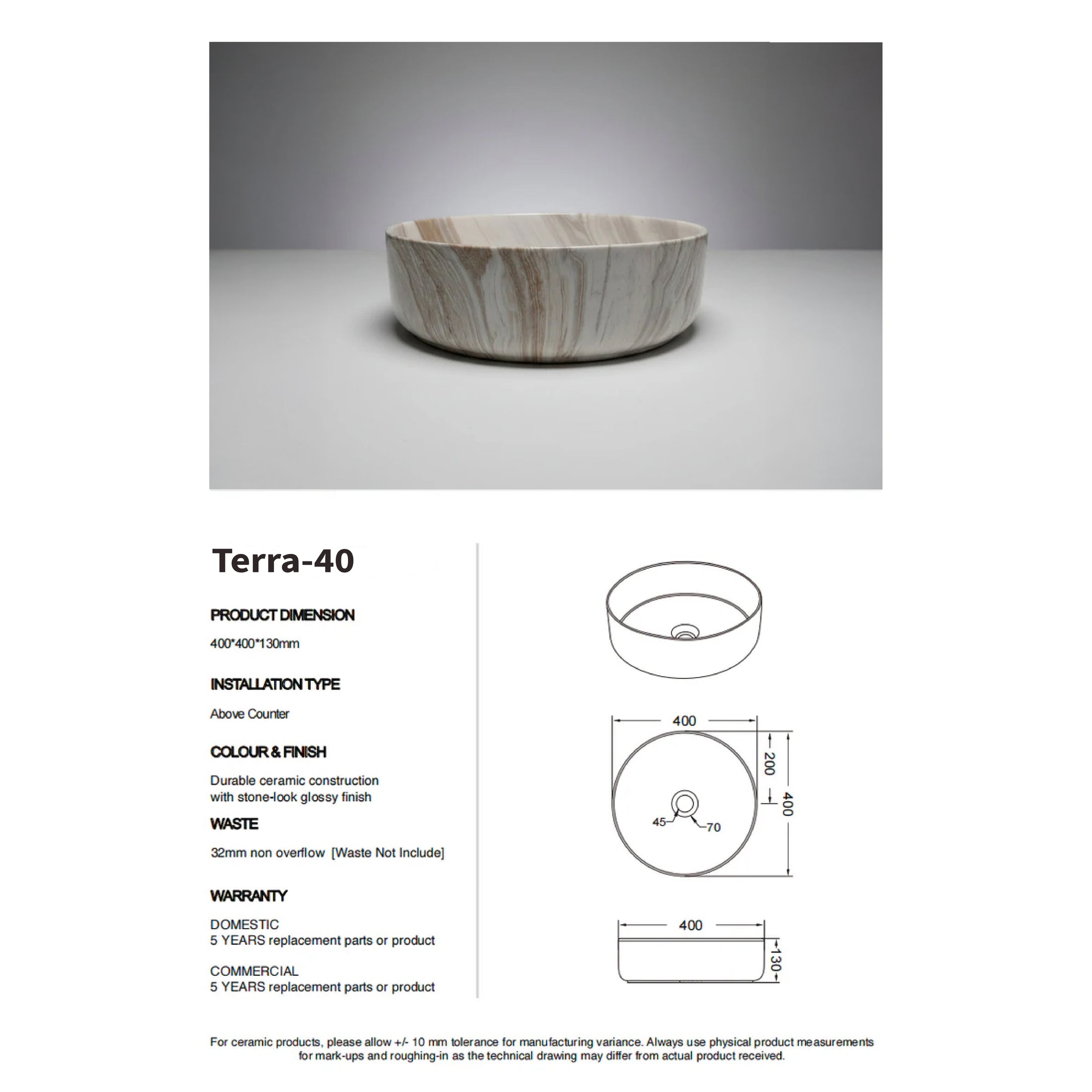 CLAYA Terra-40 Ceramic Above Counter Basin – Gloss Stone Marble