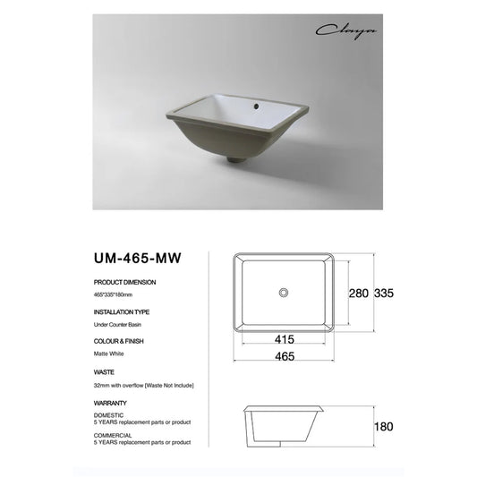 CLAYA UM-465 Under Counter Ceramic Basin with Overflow – Matte White