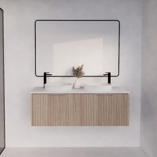 Vienna 1500mm Wall Hung Fluted Vanity Cabinet (Double Bowl) - American Oak