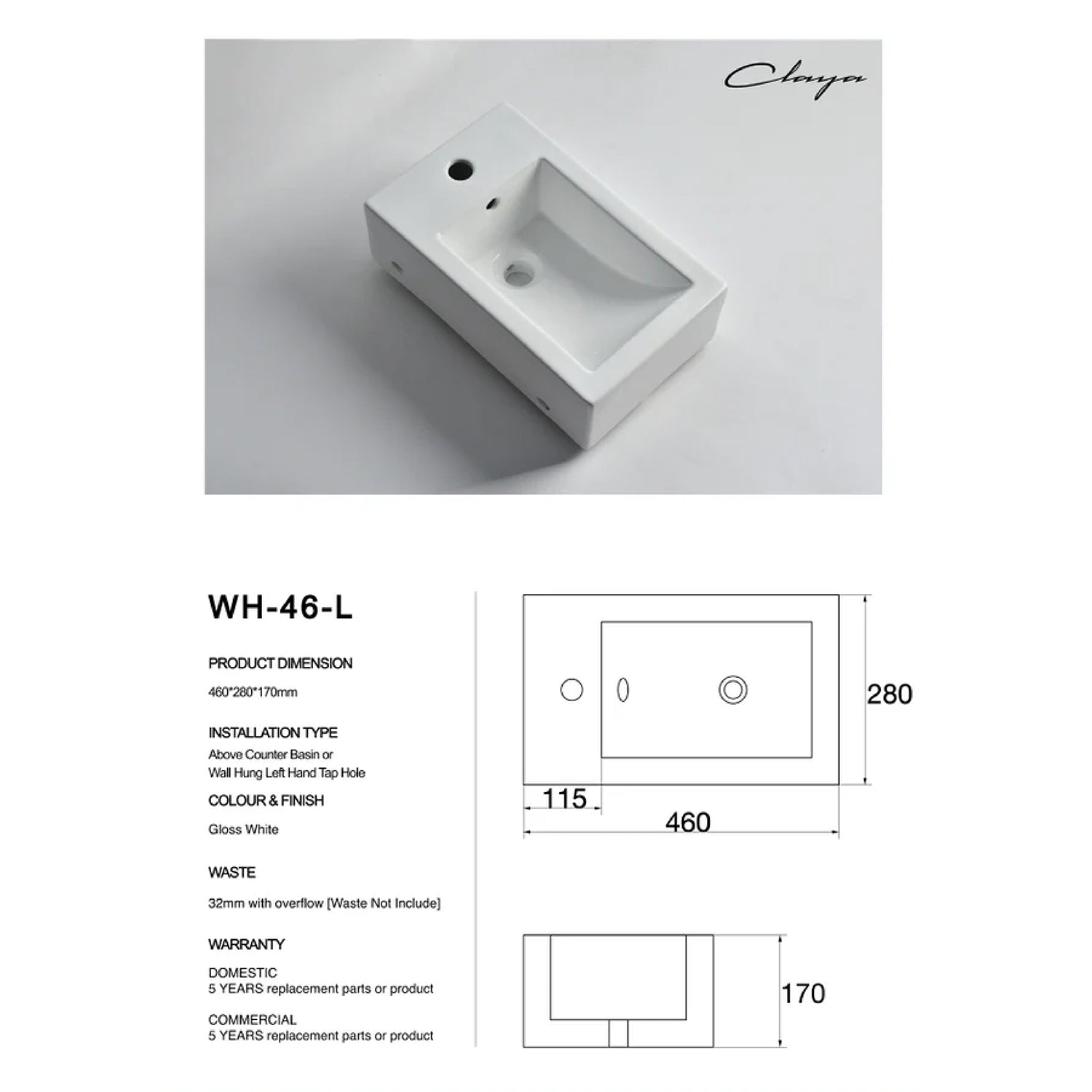 CLAYA WH-46-L Ceramic Above Counter or Wall Hung Basin – Left Tap Hole - Gloss White