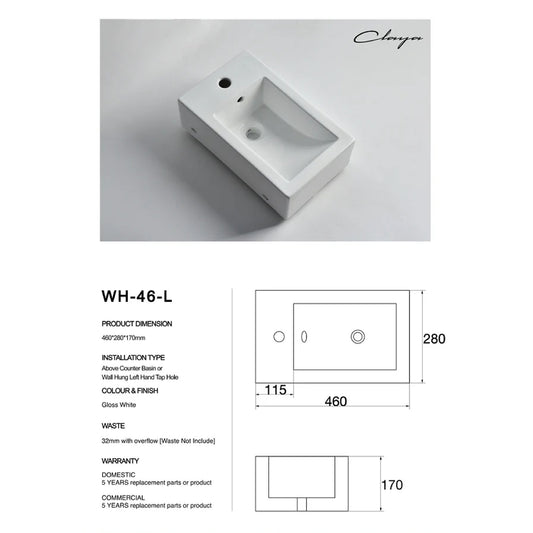 CLAYA WH-46-L Ceramic Above Counter or Wall Hung Basin – Left Tap Hole - Gloss White