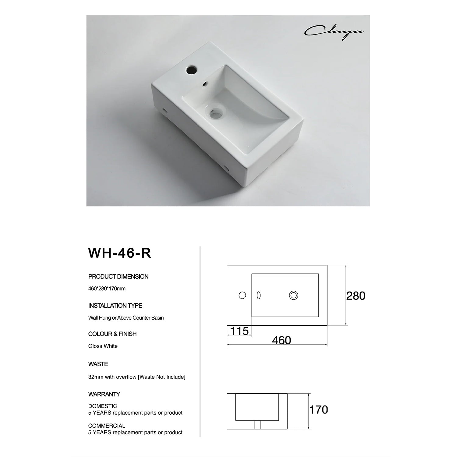 CLAYA WH-46-R Ceramic Above Counter or Wall Hung Basin – Right Tap Hole - Gloss White