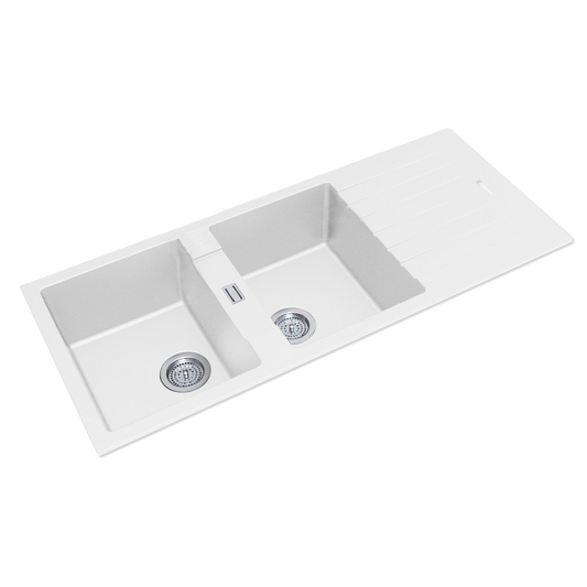 Granite Arete Stone Double Bowl Kitchen Sink with Drain Board 1160x500x200mm - White