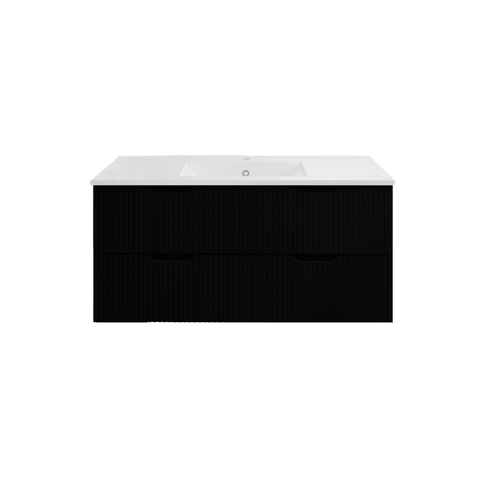 Upgrade your bathroom with the Bali 1200mm Wall Hung Vanity. Matt Black finish, fluted design, spacious storage and premium top options.-Vanity-Handy Ceramic Top-Ezymall AU
