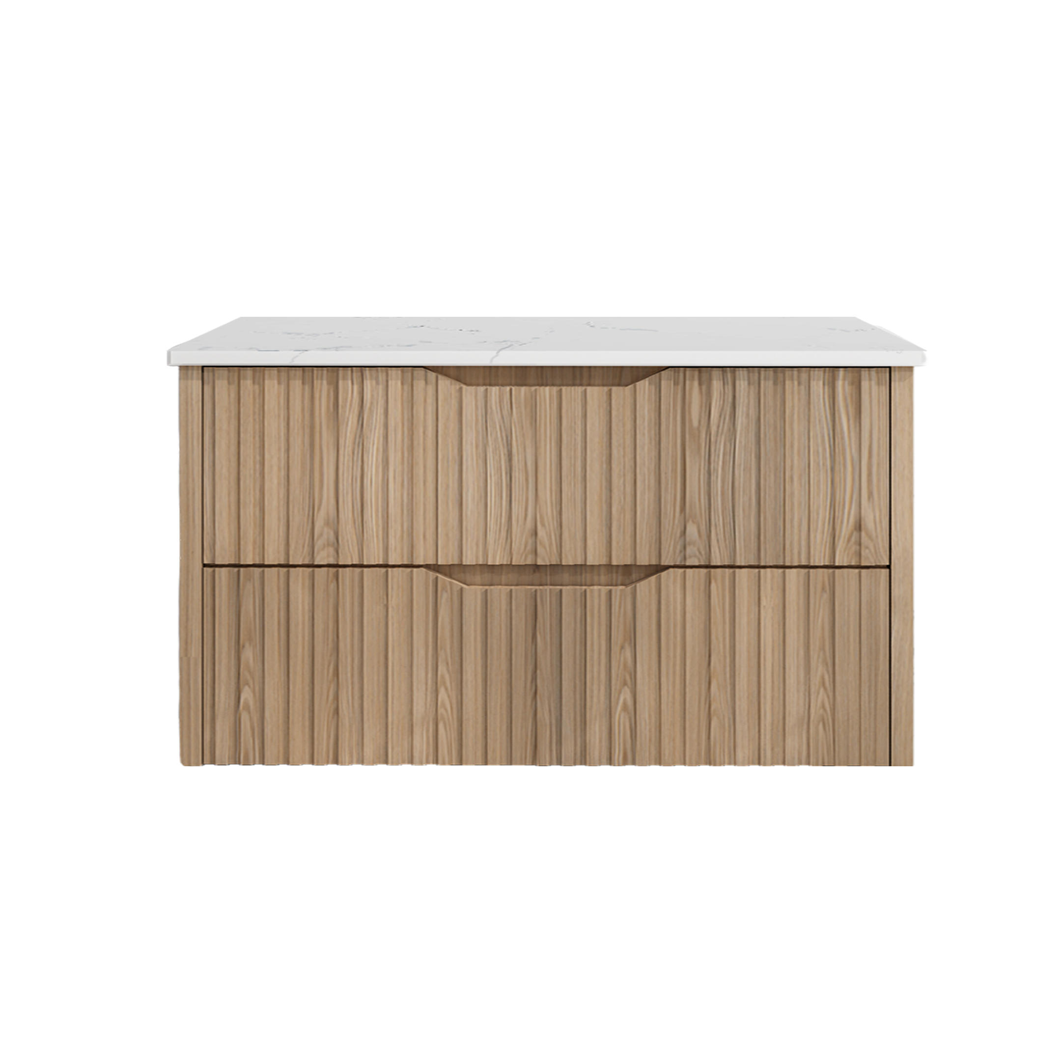 Upgrade your bathroom with the Bali 1500mm Double Bowl Wall Hung Vanity. American Oak finish, fluted design, spacious storage and premium top options.-Vanity-White Carrara Stone Top-Ezymall AU