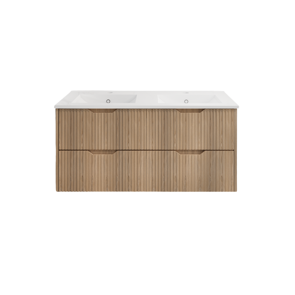 Upgrade your bathroom with the Bali 1500mm Double Bowl Wall Hung Vanity. American Oak finish, fluted design, spacious storage and premium top options.-Vanity-Handy Ceramic Top-Ezymall AU