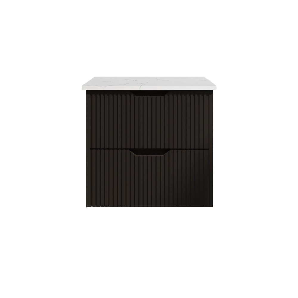 Upgrade your bathroom with the Bali 750mm Wall Hung Vanity. Matt Black finish, fluted design, soft-close drawers and premium top options.-Vanity-White Carrara Stone Top-Ezymall AU