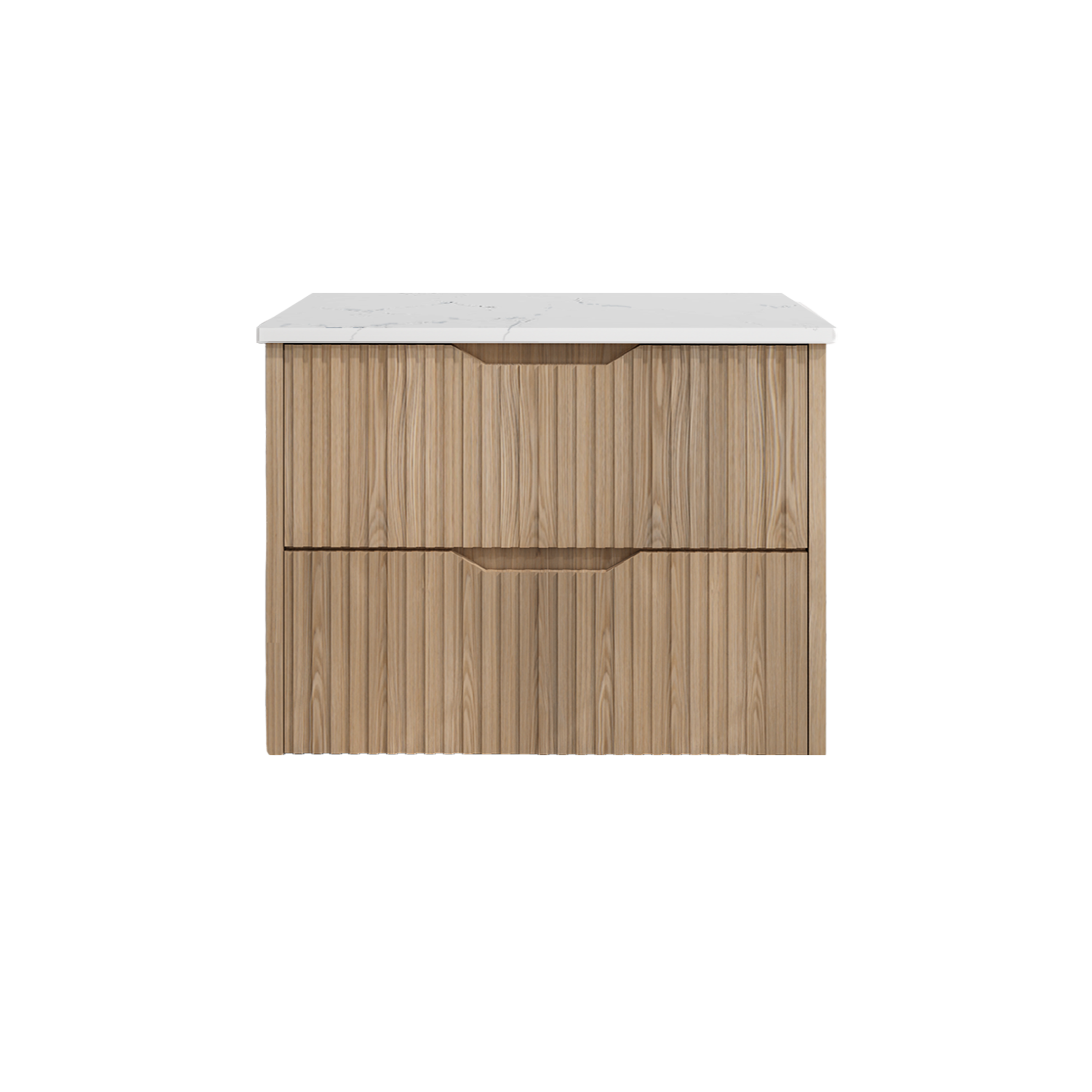 Upgrade your bathroom with the Bali 900mm Wall Hung Vanity. American Oak finish, fluted design, soft-close drawers and premium top options.-Vanity-White Carrara Stone Top-Ezymall AU
