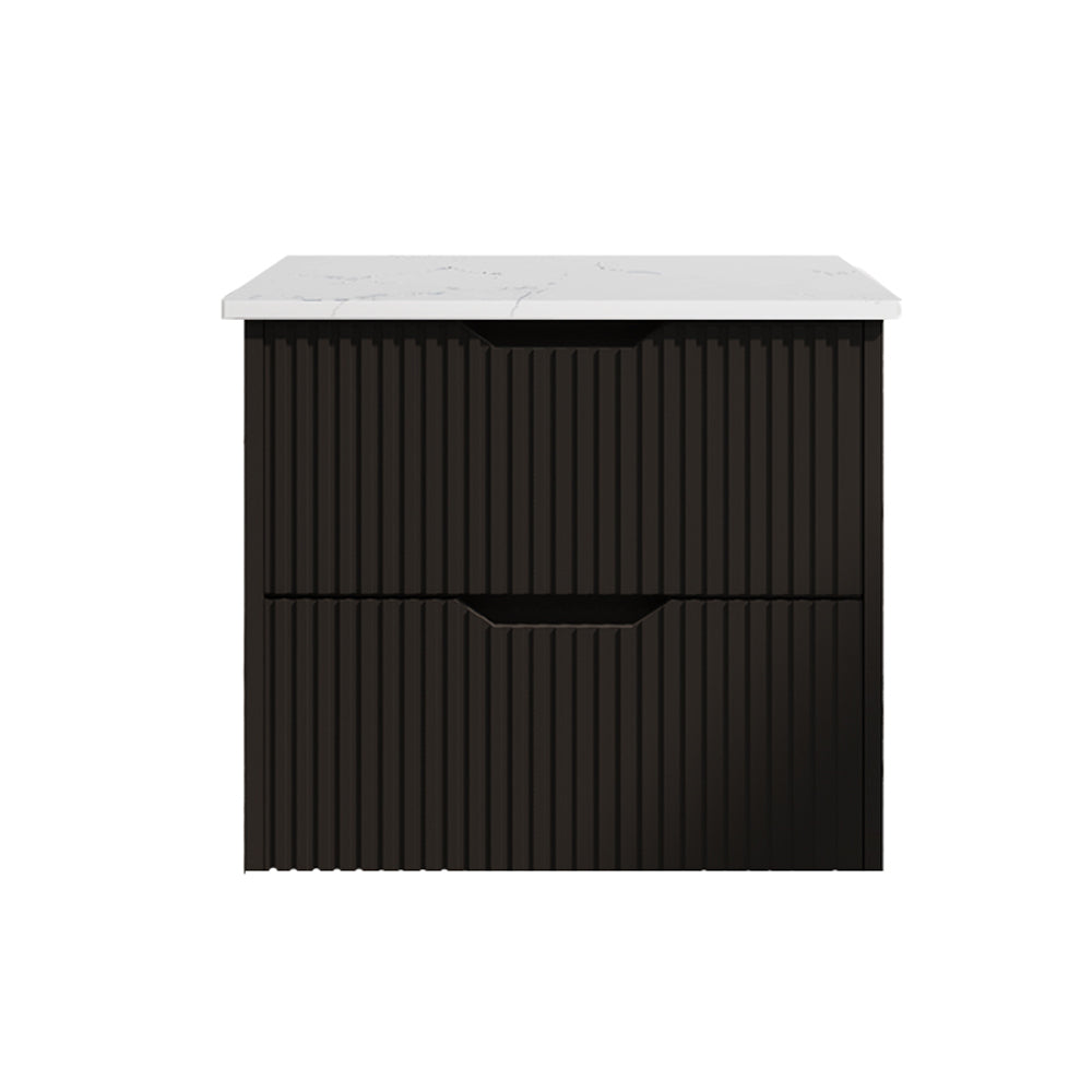 Upgrade your bathroom with the Bali 900mm Wall Hung Vanity. Matt Black finish, fluted design, soft-close drawers and premium top options.-Vanity-White Carrara Stone Top-Ezymall AU