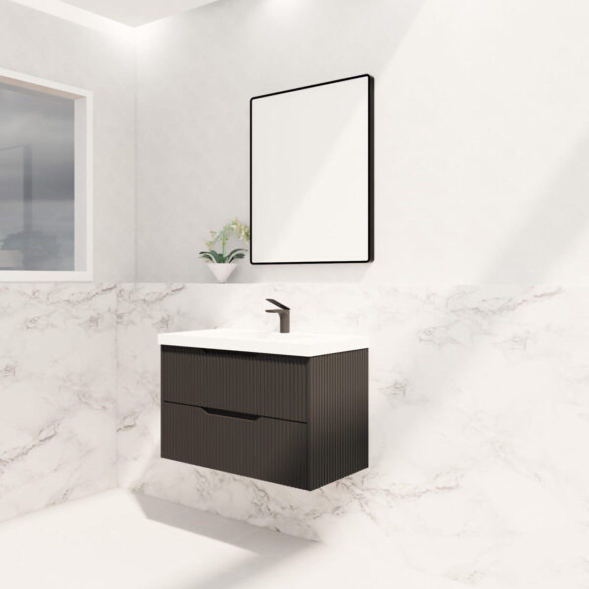 Upgrade your bathroom with the Bali 900mm Wall Hung Vanity. Matt Black finish, fluted design, soft-close drawers and premium top options.-Vanity-Handy Ceramic Top-Ezymall AU