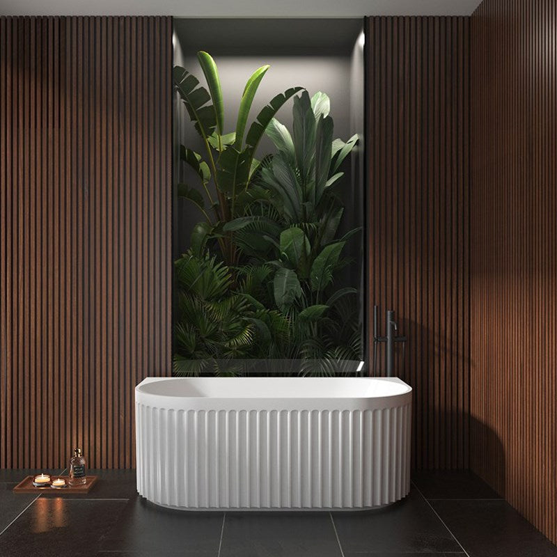 Elegant 1500mm fluted back-to-wall bathtub in matte white. Premium acrylic construction with textured detailing, pop-up waste and modern styling.-Bathtub-Ezymall AU
