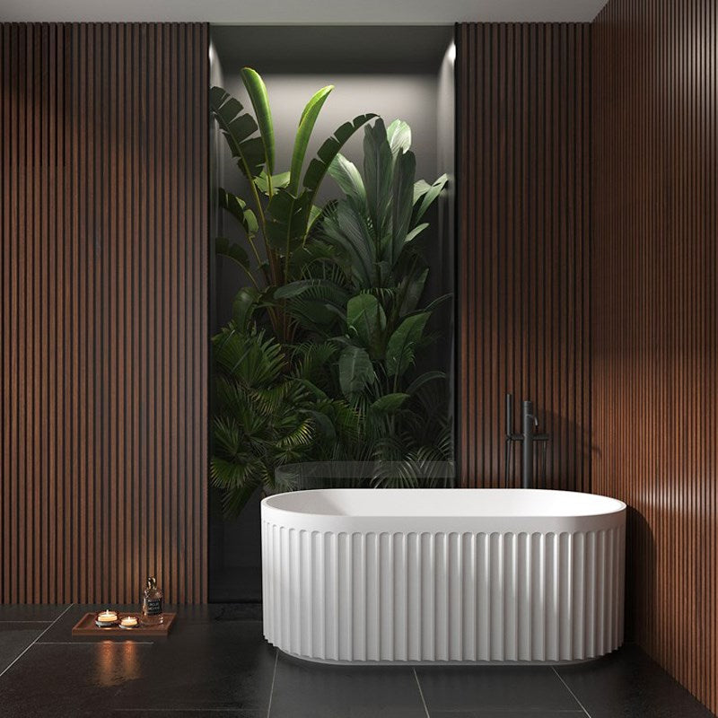Elegant 1500mm fluted freestanding bathtub in matte white. Premium acrylic construction with textured detailing, pop-up waste and modern styling.-Bathtub-Ezymall AU