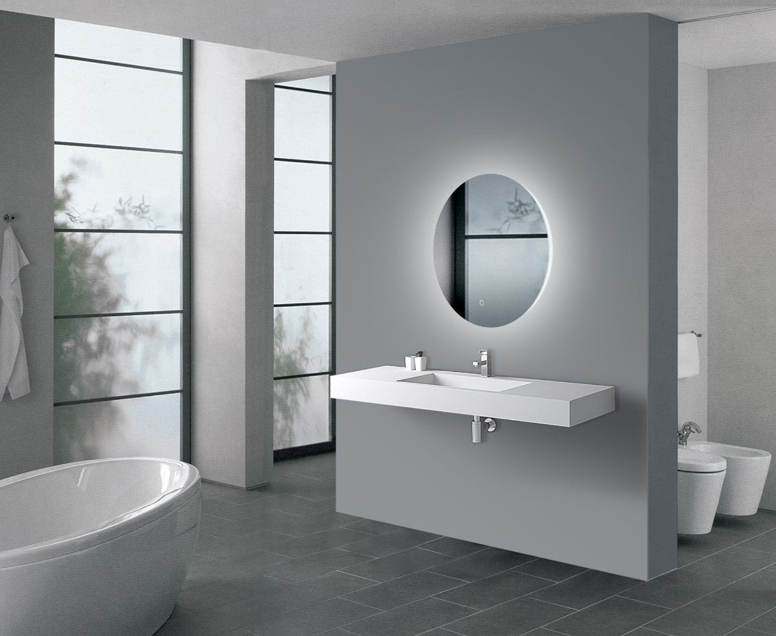 Aquaperla 600mm round backlit LED bathroom mirror with touch sensor and defogger