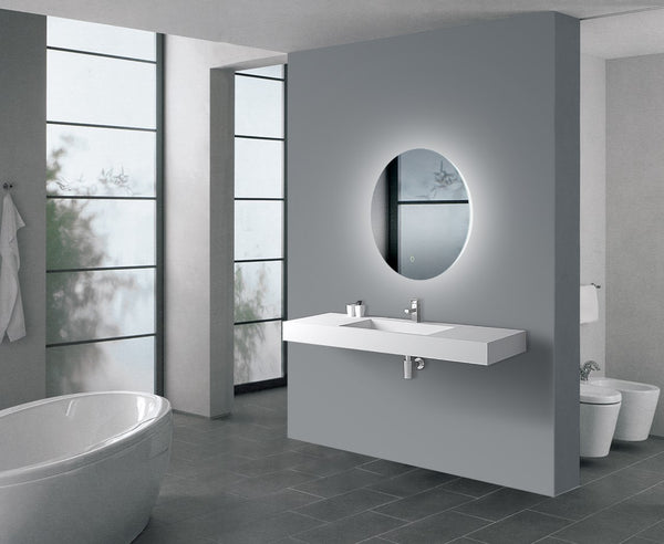 Aquaperla 600mm round backlit LED bathroom mirror with touch sensor and defogger