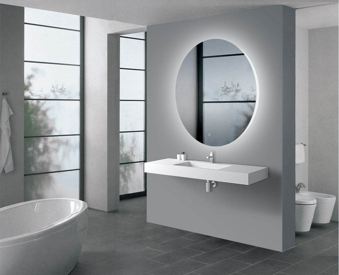 Aquaperla 750mm round backlit LED bathroom mirror with touch sensor and defogger