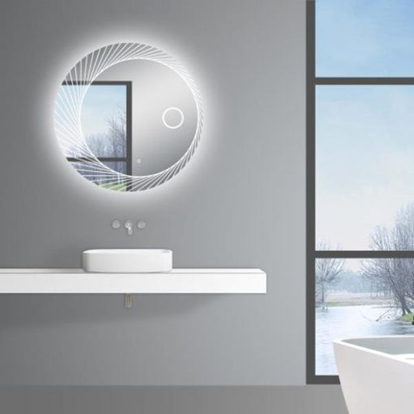 Aquaperla 800mm round decorative LED bathroom mirror installed above a basin