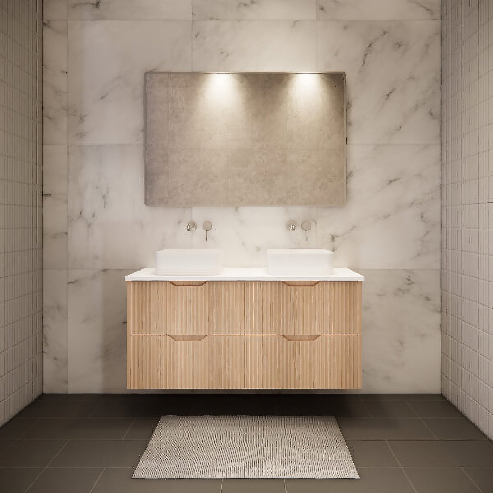 Upgrade your bathroom with the Bali 1200mm Wall Hung Vanity. American Oak finish, fluted design, spacious storage and premium top options.-Vanity-Cabinet Only-Ezymall AU
