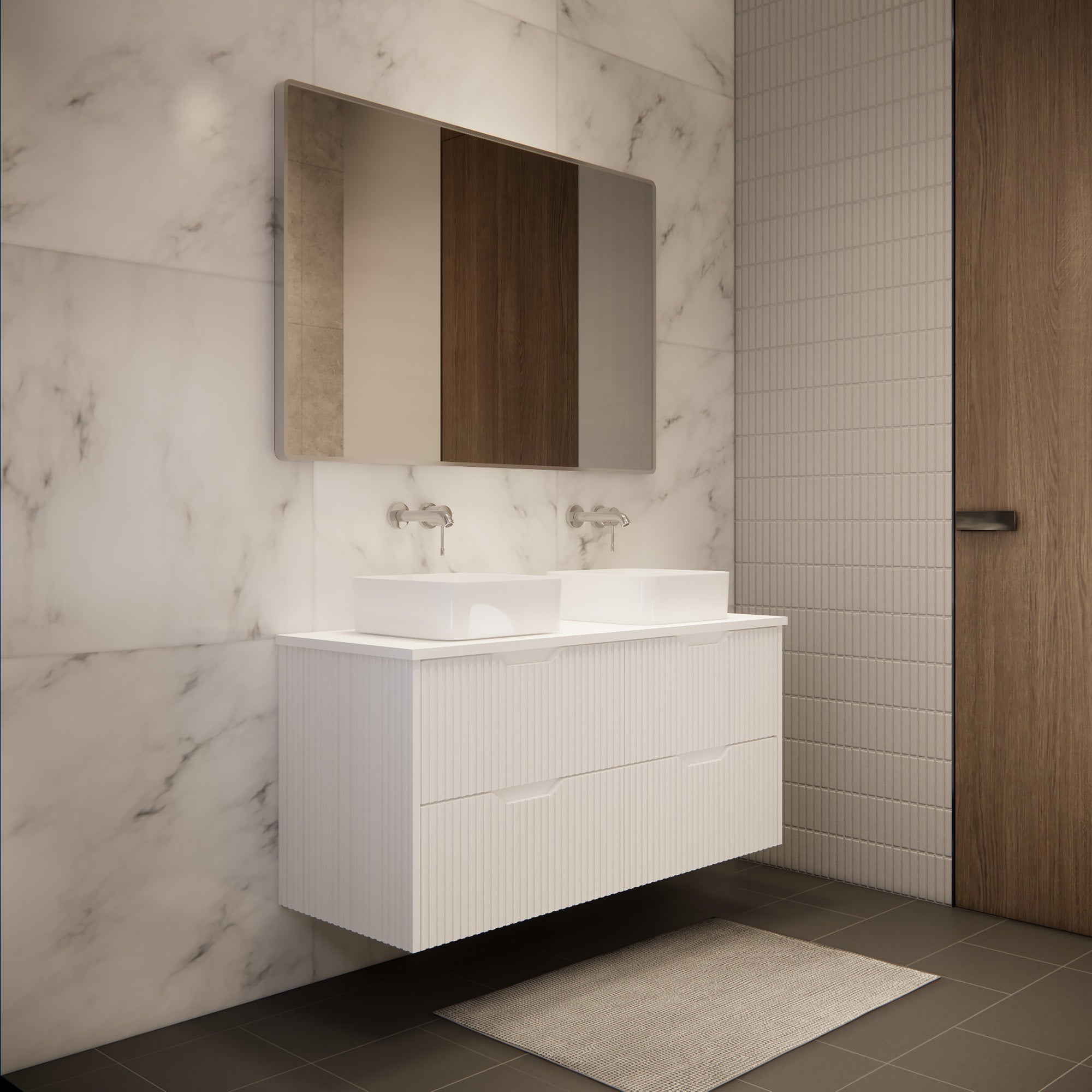 Upgrade your bathroom with the Bali 1200mm Wall Hung Vanity. Matt White finish, fluted design, spacious storage and premium top options.-Vanity-Cabinet Only-Ezymall AU