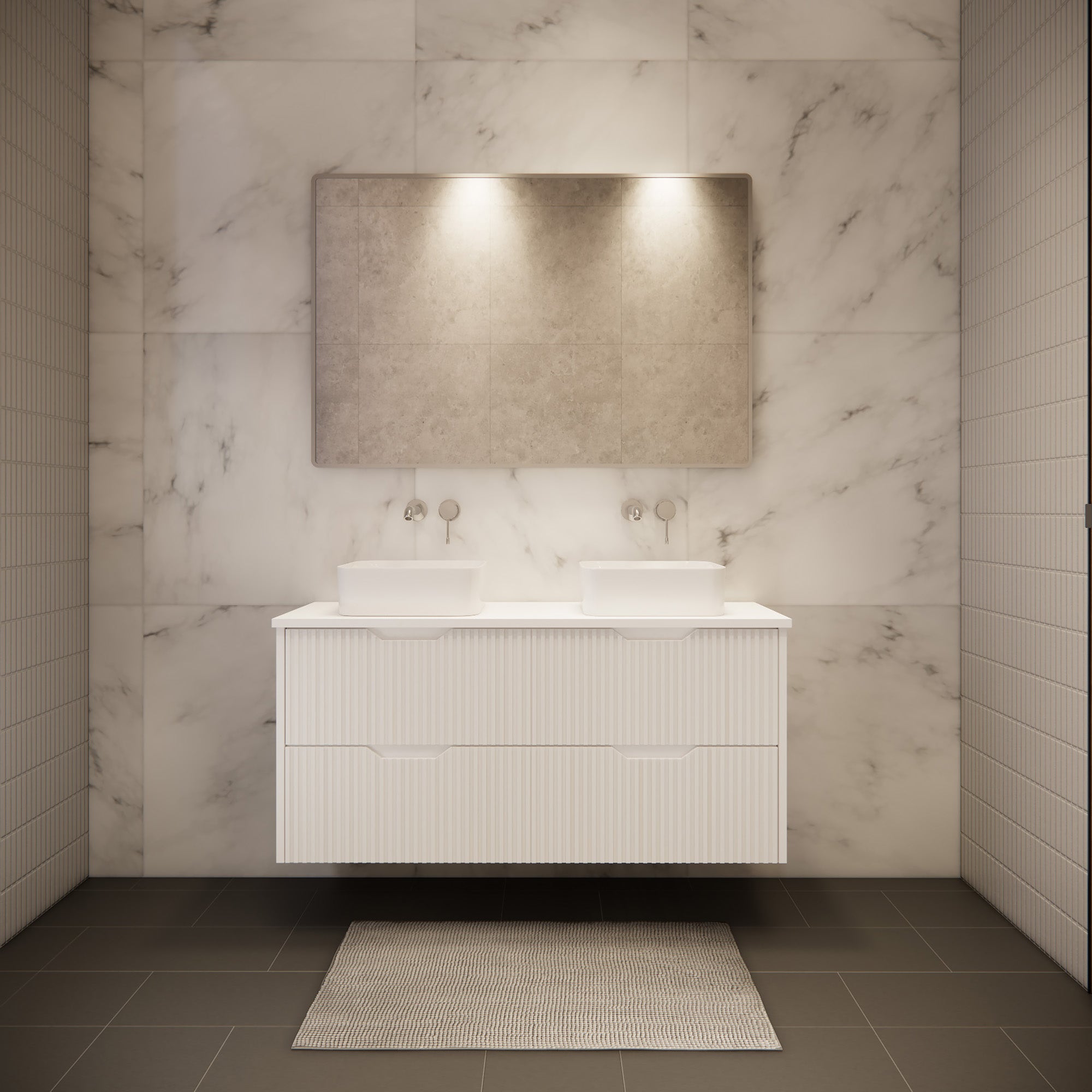 Upgrade your bathroom with the Bali 1200mm Wall Hung Vanity. Matt White finish, fluted design, spacious storage and premium top options.-Vanity-Cabinet Only-Ezymall AU