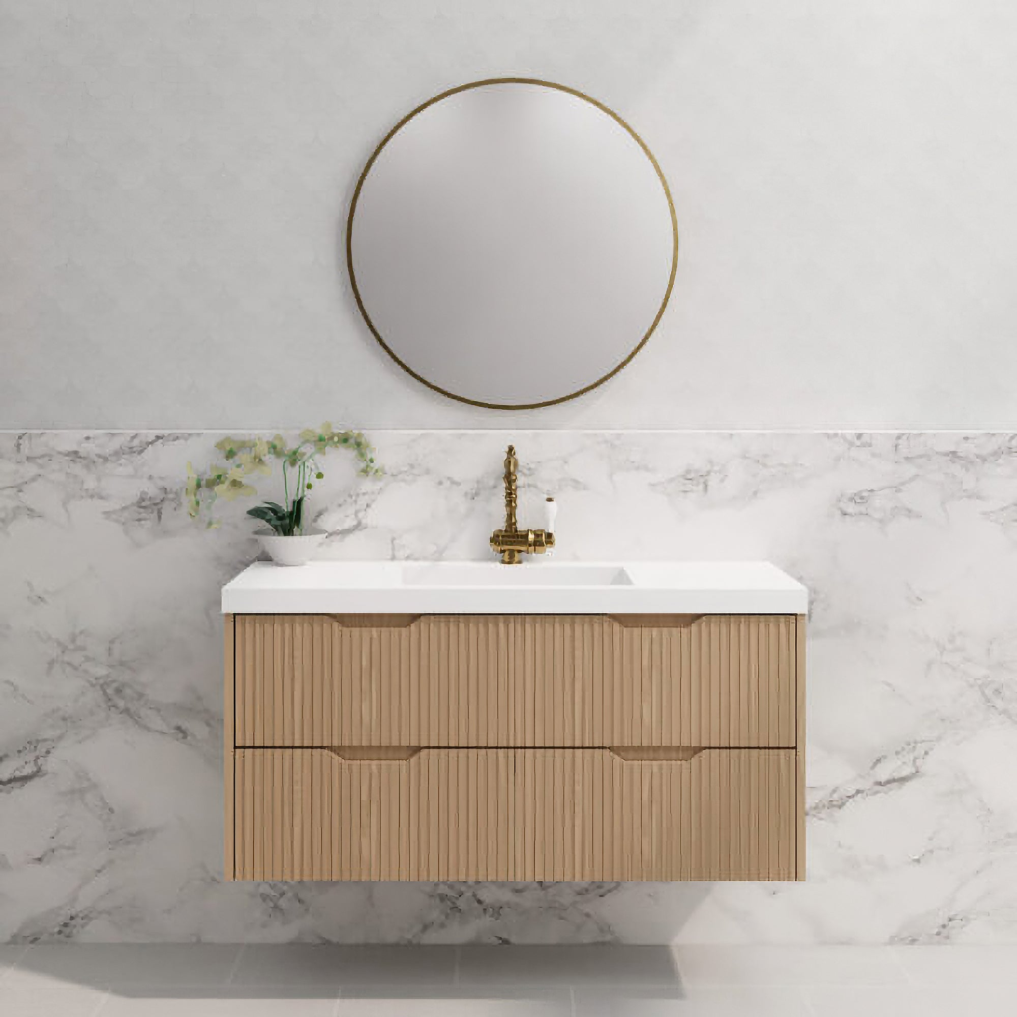 Upgrade your bathroom with the Bali 1200mm Wall Hung Vanity. American Oak finish, fluted design, spacious storage and premium top options.-Vanity-Cabinet Only-Ezymall AU