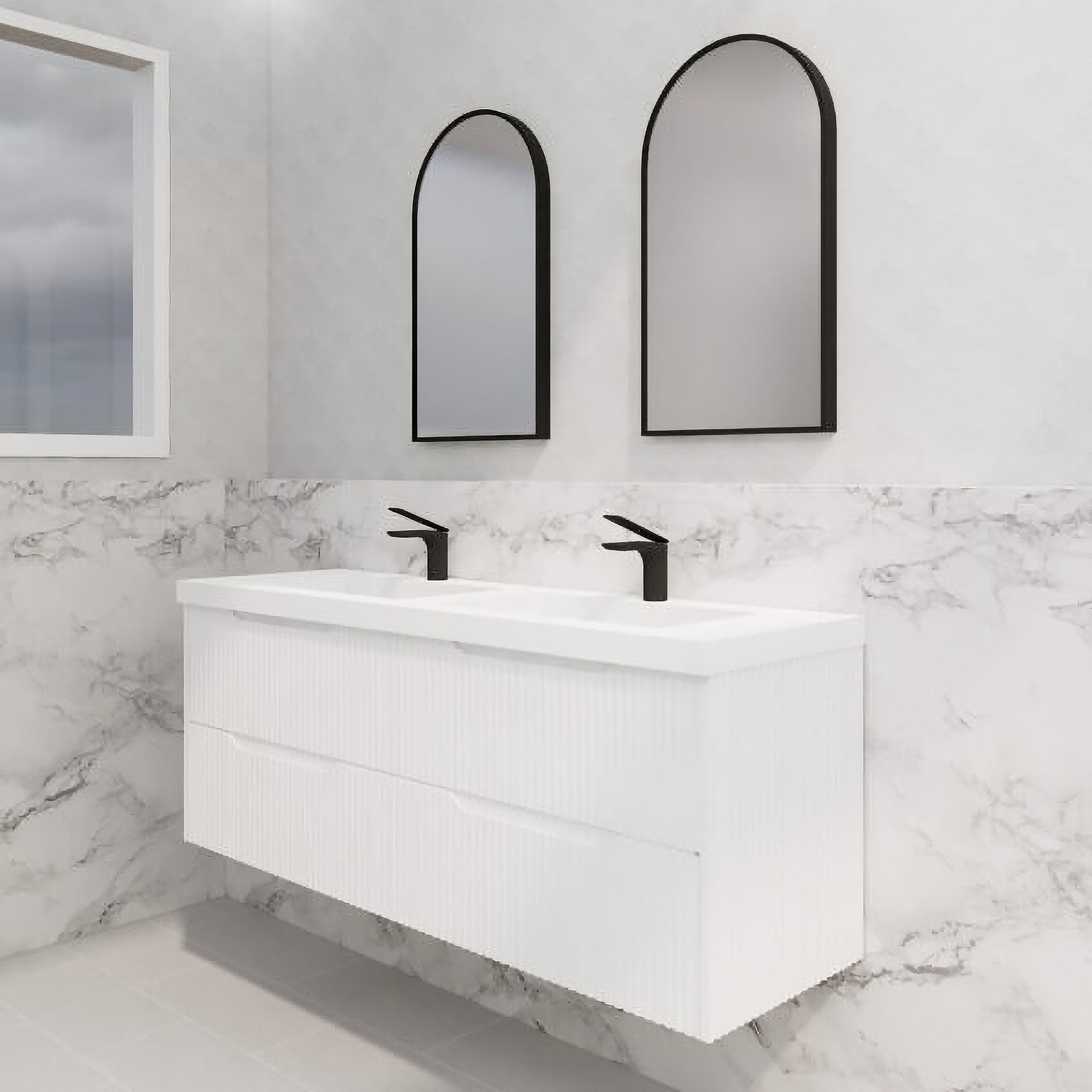 Upgrade your bathroom with the Bali 1500mm Double Bowl Wall Hung Vanity. Matt White finish, fluted design, spacious storage and premium top options.-Vanity-Cabinet Only-Ezymall AU
