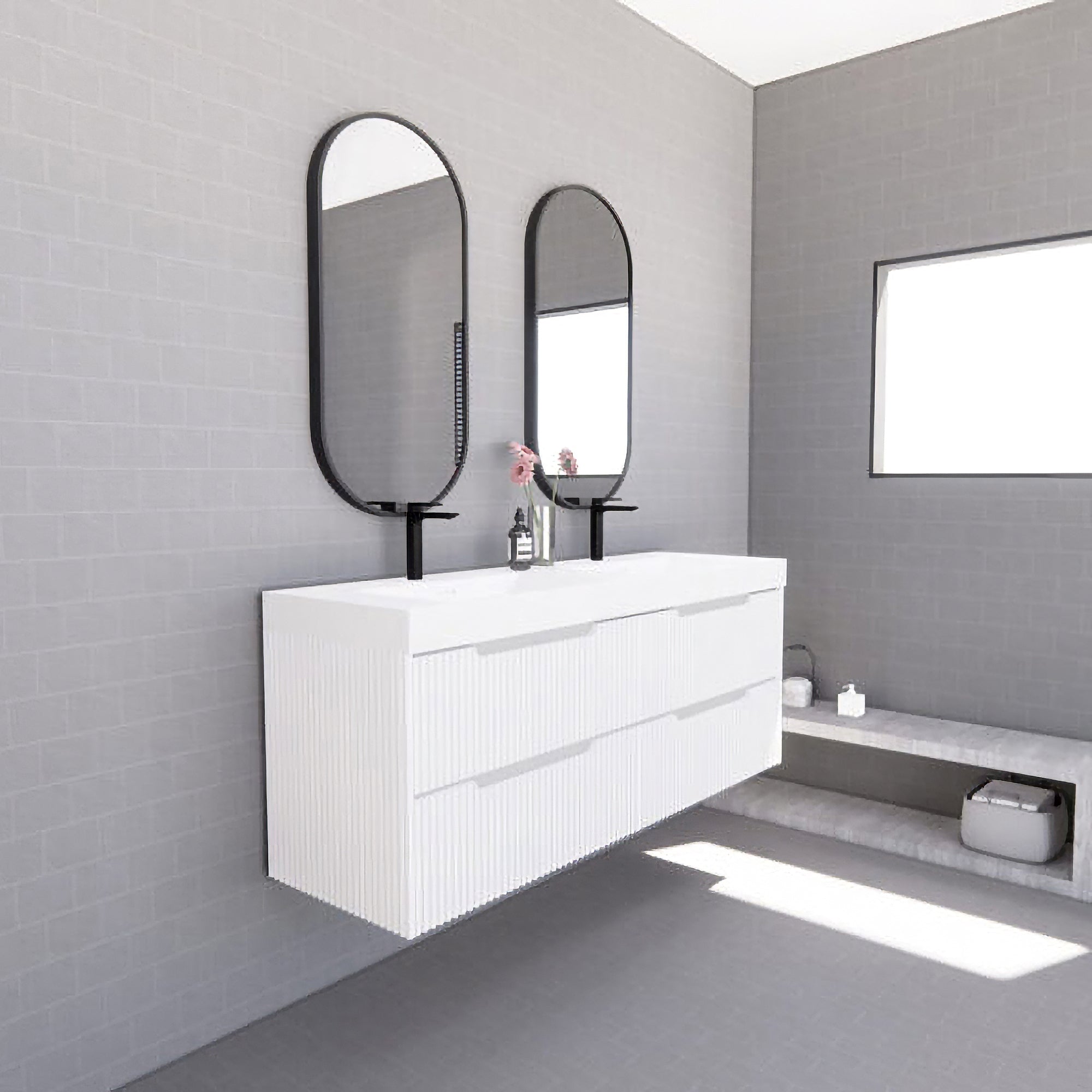 Upgrade your bathroom with the Bali 1500mm Double Bowl Wall Hung Vanity. Matt White finish, fluted design, spacious storage and premium top options.-Vanity-Cabinet Only-Ezymall AU