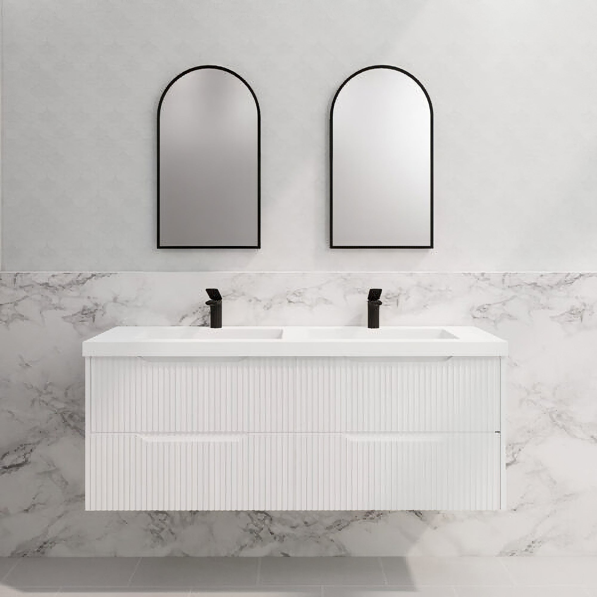 Upgrade your bathroom with the Bali 1500mm Double Bowl Wall Hung Vanity. Matt White finish, fluted design, spacious storage and premium top options.-Vanity-Cabinet Only-Ezymall AU
