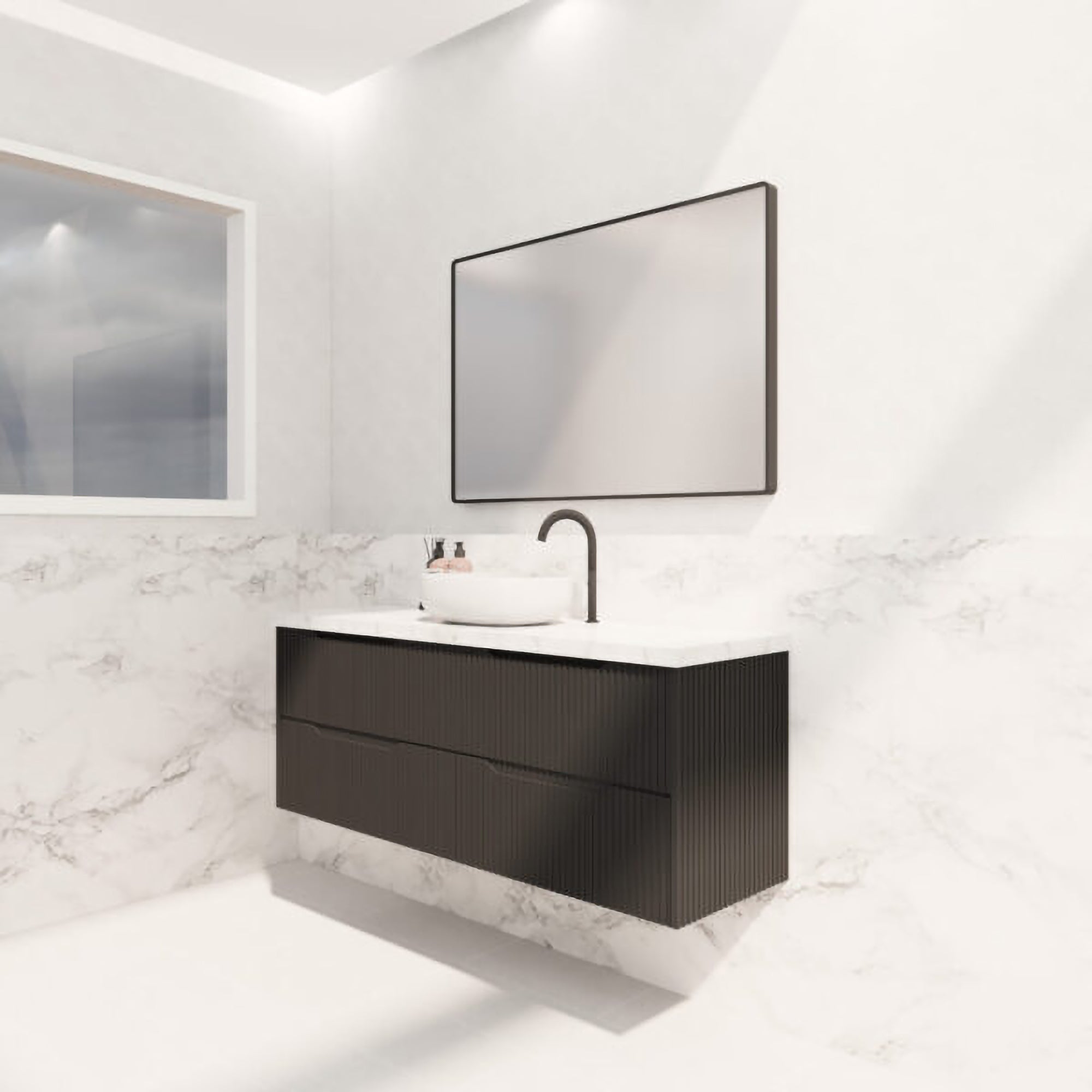 Upgrade your bathroom with the Bali 1500mm Wall Hung Vanity. Matt Black finish, fluted design and generous bench space.-Vanity-Cabinet Only-Ezymall AU